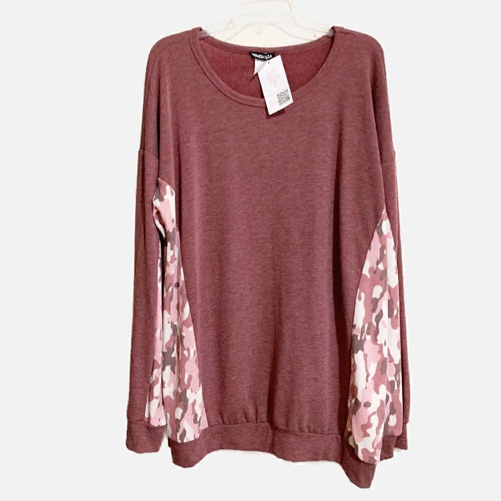 Heimish USA Freckled Poppy Soft Comfortable Burgundy Camo Pullover Sweater. 3XL